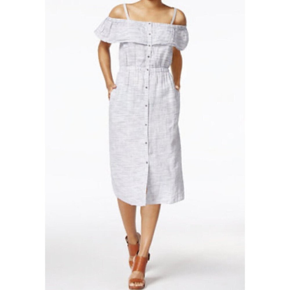 New!! Lucky Brand Large button-down pocket cold shoulder linen dress ruffle midi